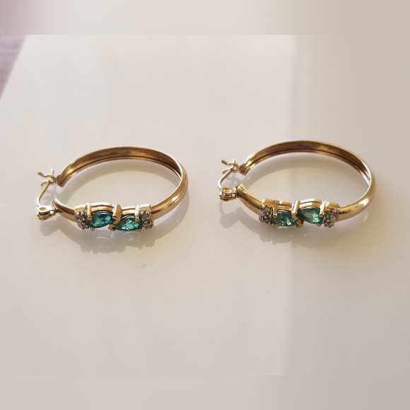 10K Gold Emerald Diamond Hoop Earrings
